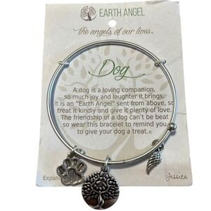 Earth Angel Dog Charm Bangle Bracelet Paw Tree Wing Silver Tone